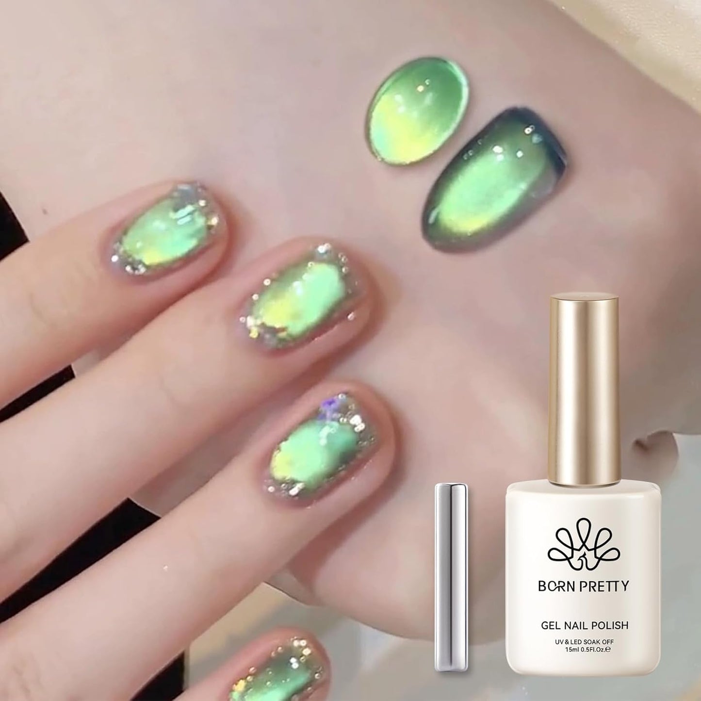 Born Pretty Cat Magnetic Gel Nail Polish, Green Gel Polish Crystal Cat Holographic Magnetic Nail Polish Nail Art Manicure Salon DIY at Home 15ML