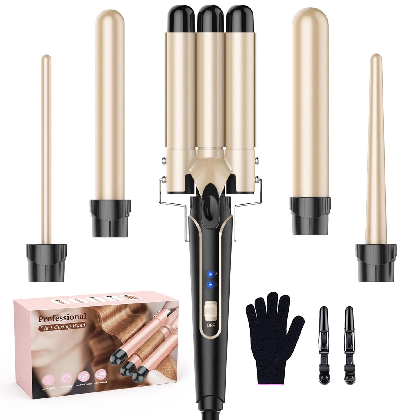 Waver Curling Iron Curling Wand - BESTOPE PRO 5 in 1 Curling Wand Set with 3 Barrel Hair Crimper for Women, Fast Heating Crimper Wand Curler in All Hair Type, Women Gifts - Gold