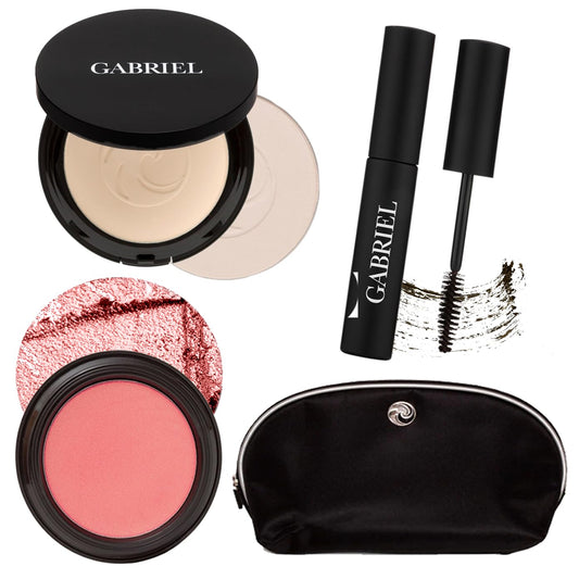 Gabriel Cosmetics About Face Set- Dual Powder Foundation (Extra Light Beige), Multi Pot (Conch), Mascara (Black Brown) and Gabriel Makeup Bag (Extra Light Beige SET)