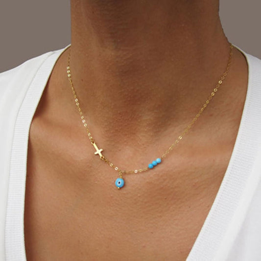 Boho Evil Eye Necklace Exquisite Cross Necklace Blue Rhinestones Choker Gold Chain Drop Evil Eye Pendant Wedding Necklace Charm Fashion Jewelry Gift for Women and Girls