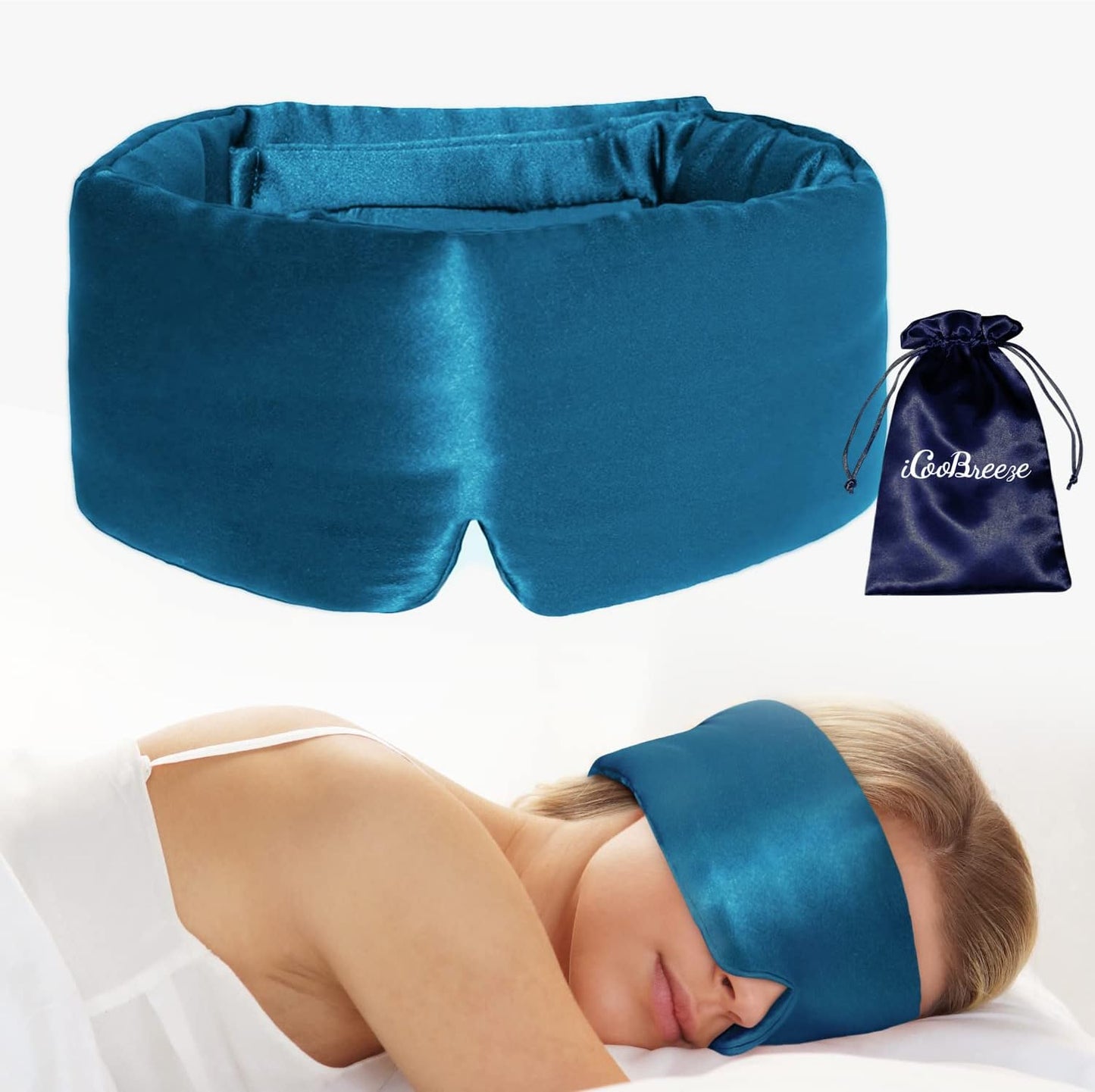 100% Natural Silk Eye Mask for Women Men, Soft Pressureless Cooling Blackout Eye Covers for Sleeping, Large Size Sleep Mask fits All Heads Adjustable, 1PC, Vivid Blue