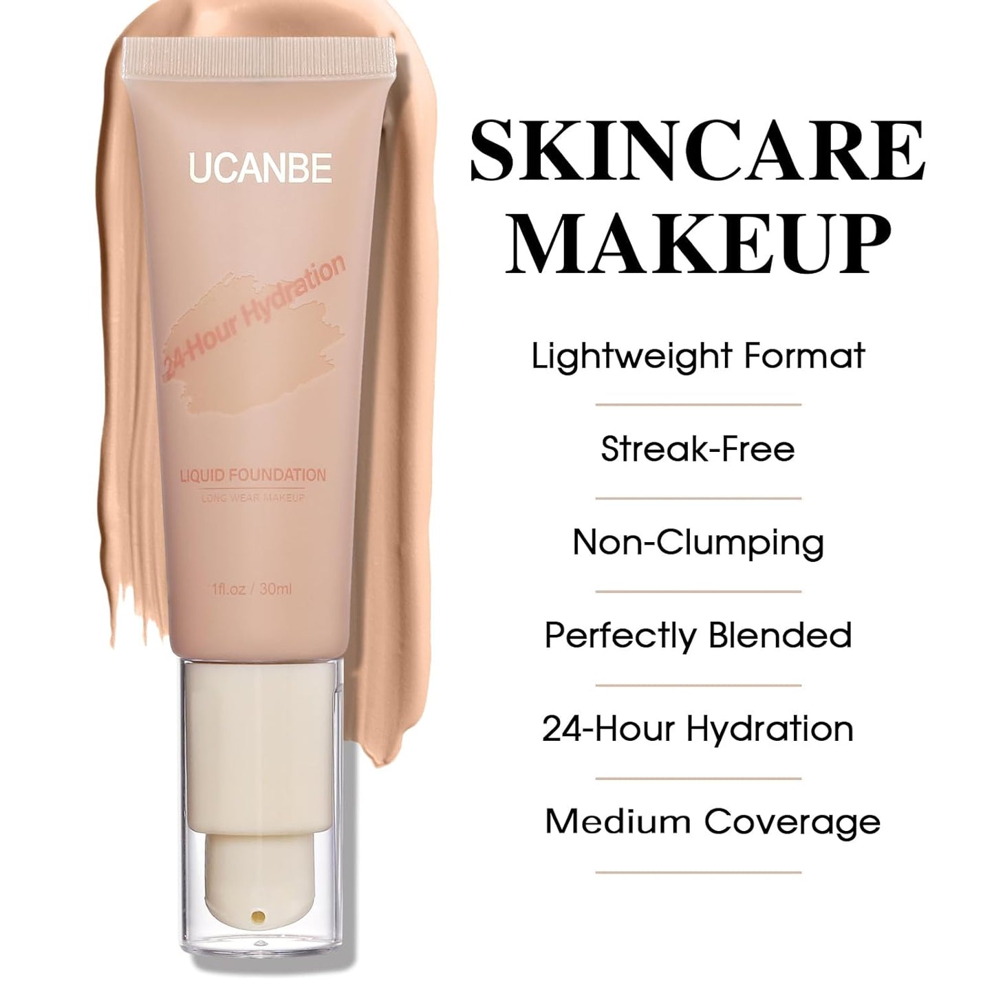 UCANBE Matte Liquid Foundation with Brush, Serum Foundation Face Makeup with Hyaluronic Acid, Medium to Full Coverage Waterproof Oil Control Longwear, for Mature Skin, Natural Beige, 1 fl. oz.