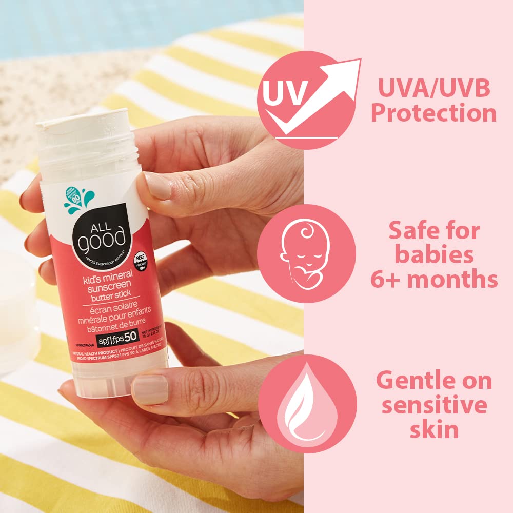 All Good Baby & Kids Mineral Sunscreen Butter Stick for Face, Nose, Ears - UVA/UVB Broad Spectrum SPF 50, Coral Reef Friendly, Water Resistant, Zinc Oxide, Coconut Oil, Beeswax, Vitamin E (2.75 oz)