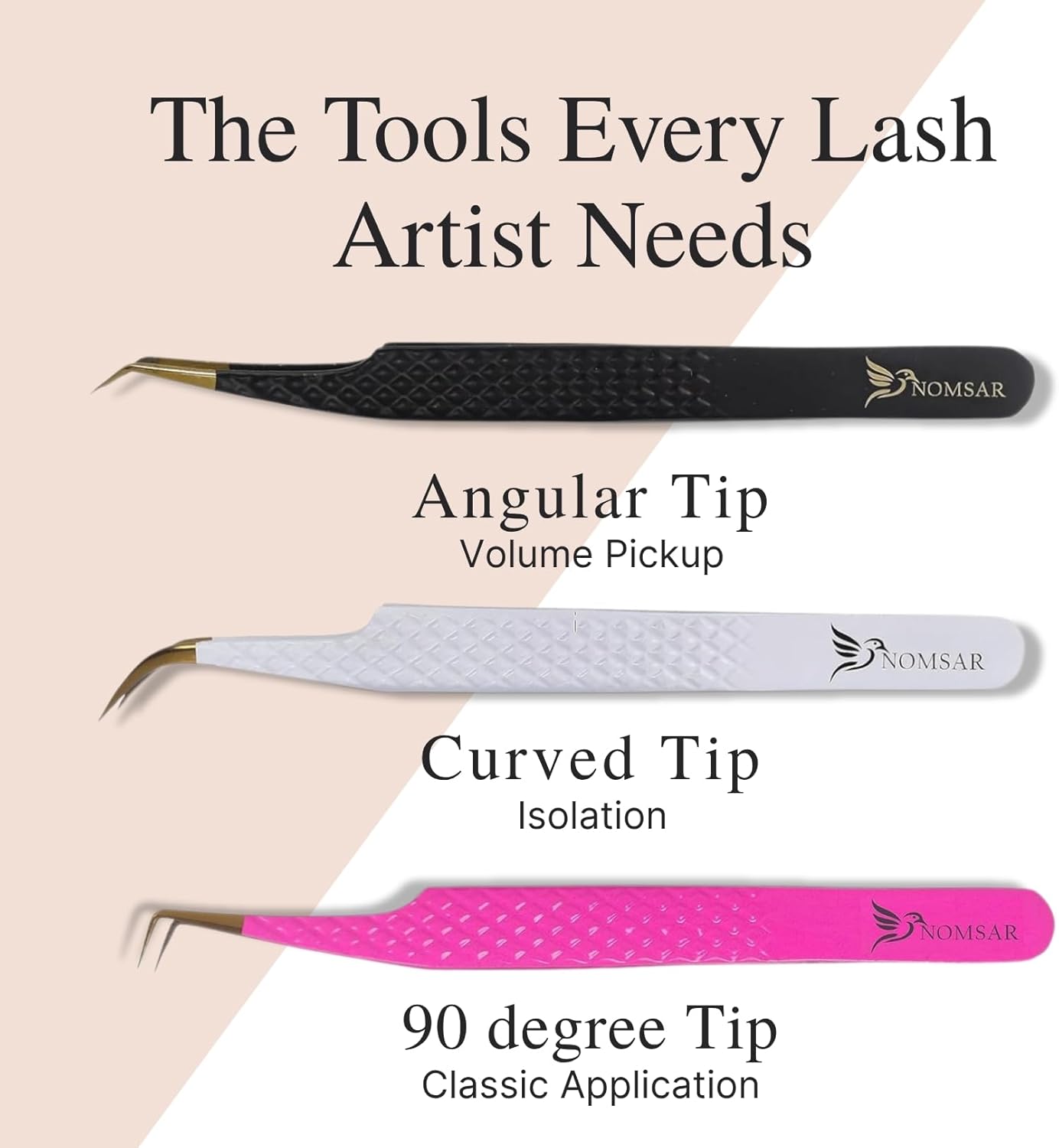 Eyelash Extensions Tweezers, Set of 3 - Stainless Steel with Diamond Grip for Volume lash Extension - Fiber Tip Tweezers for Multipurpose & Application (White)