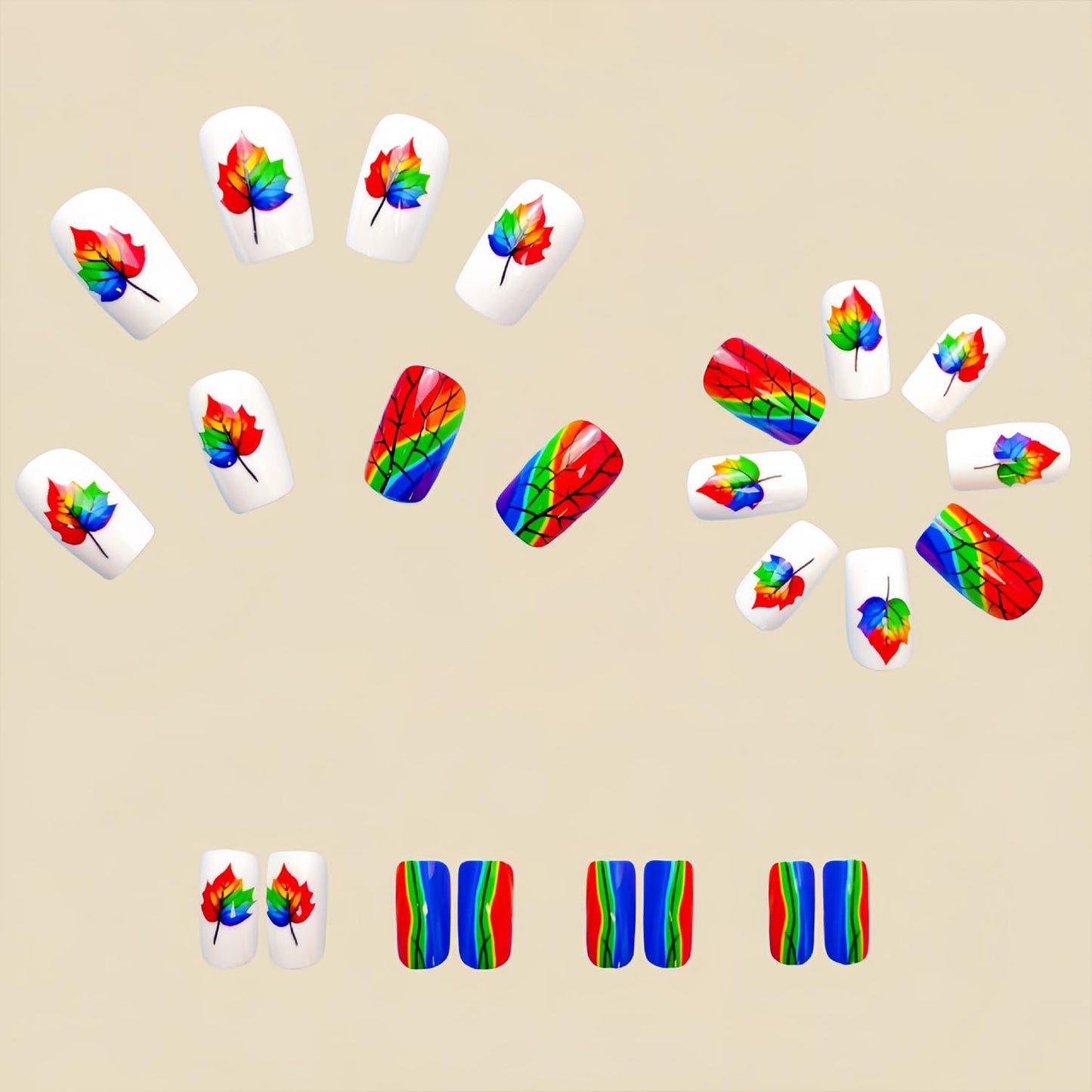 Rainbow Maple Leaf Press on Nails Fall Medium Square Fake Nails Glossy Thanksgiving Acrylic Glue on Nail Autumn Maple Leaves Artificial Stick on Nail for Women DIY Manicure