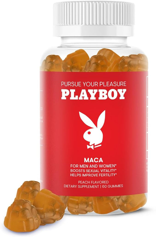 Playboy - Maca Root Gummies for Women and Men (60 Count - Peach Flavored) - Boost Sexual Vitality, Libido, Fertility - Maca Gummies Supplement - 100% Natural, Vegan Non GMO - 4:1 Extract Maca Peruana