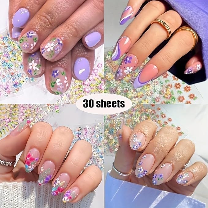 30 Sheets Flower Nail Stickers Colorful 3D Self Adhesive Cute Daisy Floral Nail Decals Heart Nail Art Charms for DIY Design (ST-F)