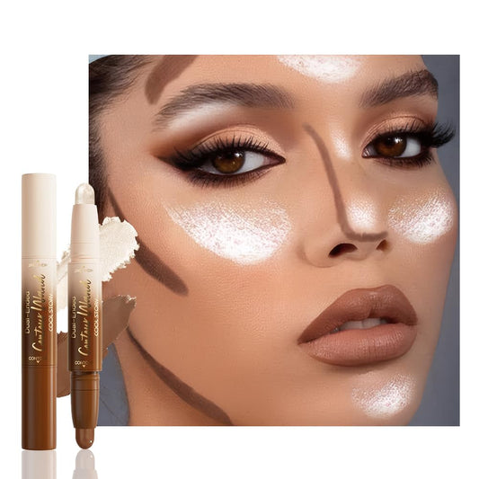 Dual-Ended 2-in-1 Cream Contour & Highlighter Stick – Waterproof, Long-Lasting for Face & Body Makeup, Suitable for All Skin Tones, 05#Nuetral Nude + Silver Shimmer