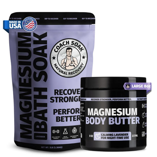 Coach Soak Recovery Bath Soak & Nighttime Magnesium Body Butter Bundle - Calming Lavender Scent - 3lb Bath Salts & 8oz Body Cream with Essential Oils, Magnesium & Shea Butter