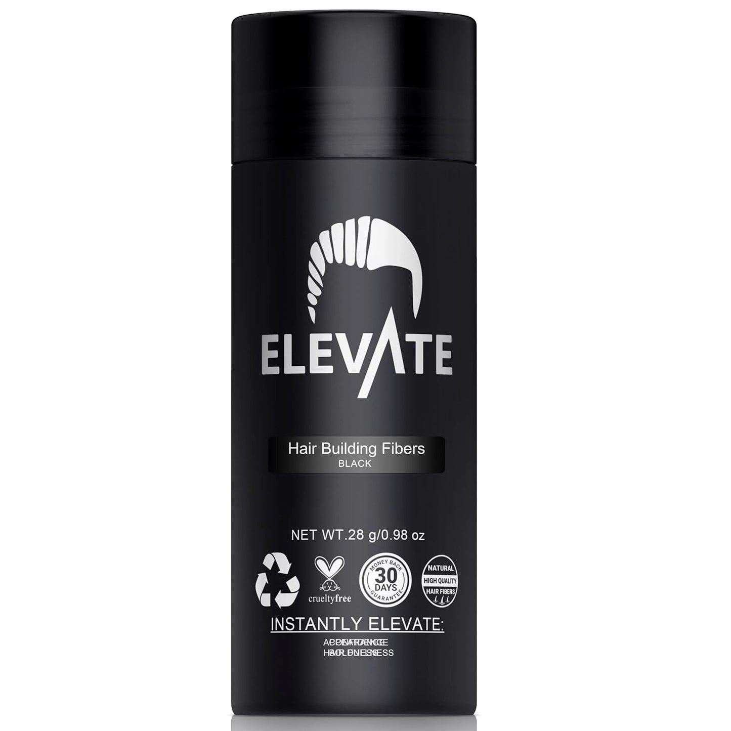 ELEVATE Hair Fibers to Instantly Thicken & Completely Conceal Thinning Balding Areas Loss in 30 Seconds for Men & Women (BLACK) 28g Size - 100% Natural & Undetectable Keratin Fibers