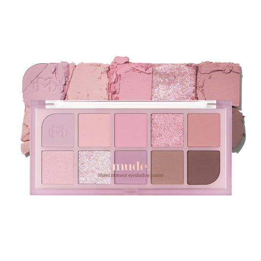 mude Shawl Moment Eyeshadow Palette Matte Shimmering Glitter Layering 10 Shades Highly Pigmented Blendable Color with Soft Texture Korean Makeup Eye Palette K-beauty
