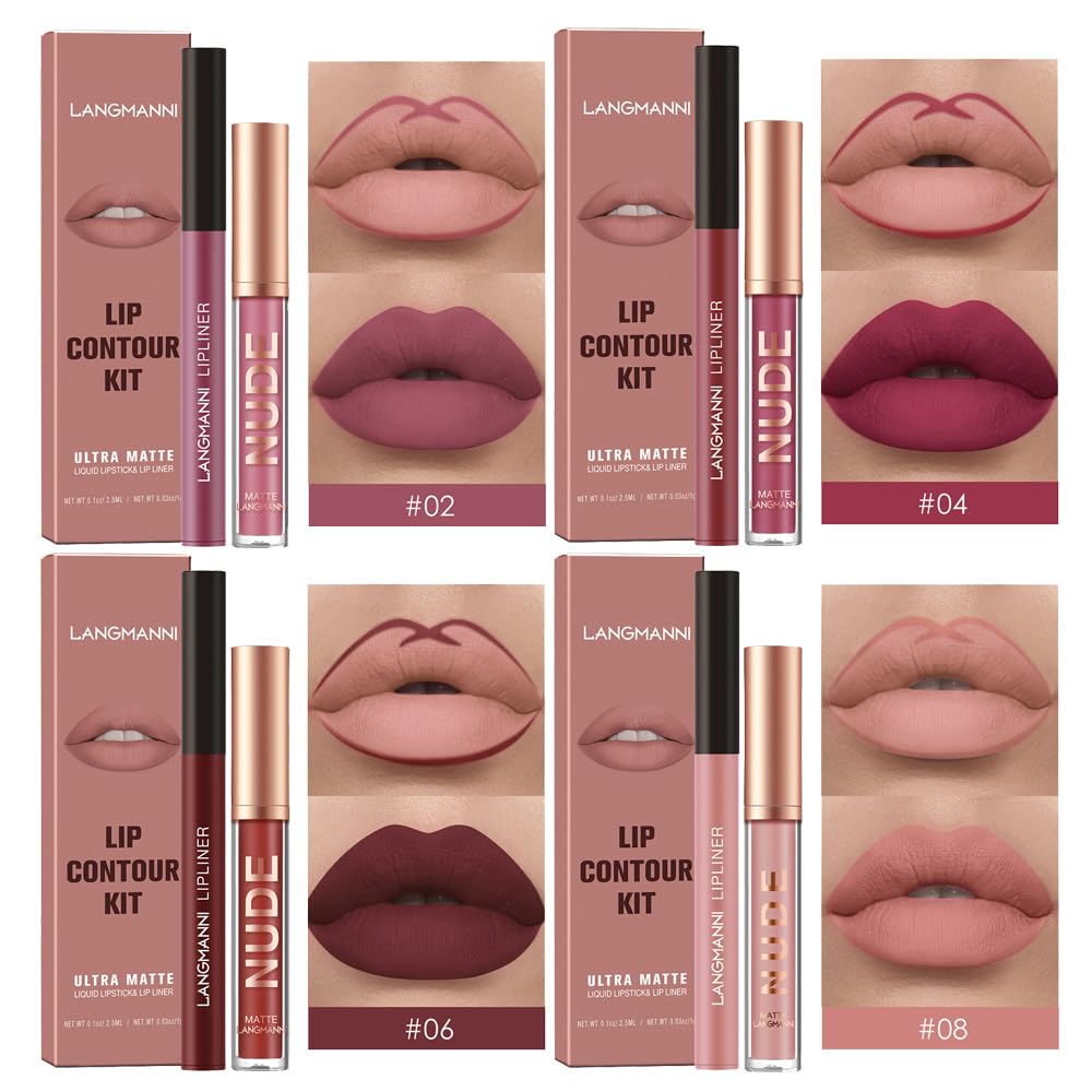 LANGMANNI 4pcs Matte Lipstick with Lipliners Durable Makeup Set,Long-Lasting Non-Stick Cup Not Fade Waterproof Pigmented Velvet Lipgloss Kit Beauty Cosmetics Makeup Gift for Girls(#2+4+6+8)