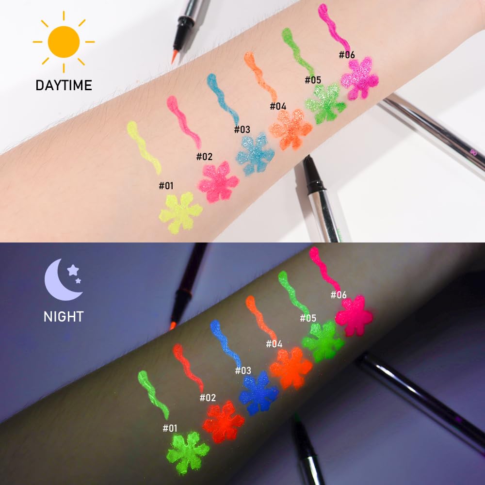 evpct Pink Shimmer Eyeliner UV Neon Gel Eyeliner Pencil Makeup, Rainbow Halloween Colored Colorful Gel Eye Liner Pen Glow in Dark Makeup, Long Lasting Waterproof Eyeliners for Face Body Painting
