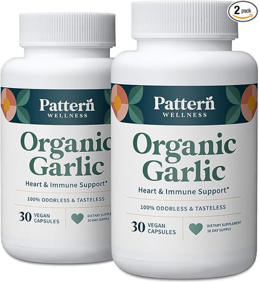 Pattern Wellness Odorless Organic Garlic - 1000mg - Healthy Immune, Circulatory & Cardiovascular Support - Happy & Healthy Heart - Non-GMO & Gluten Free - 60 Vegan Capsules
