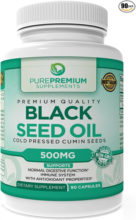 PurePremium Black Seed Oil 500mg - Organic Nigella Sativa Seeds - Cold Pressed Black Cumin Seed Oil Extract - Hair & Skin Blackseed Oil Supplement for Men and Women - 3 Months Supply - 90 Capsules
