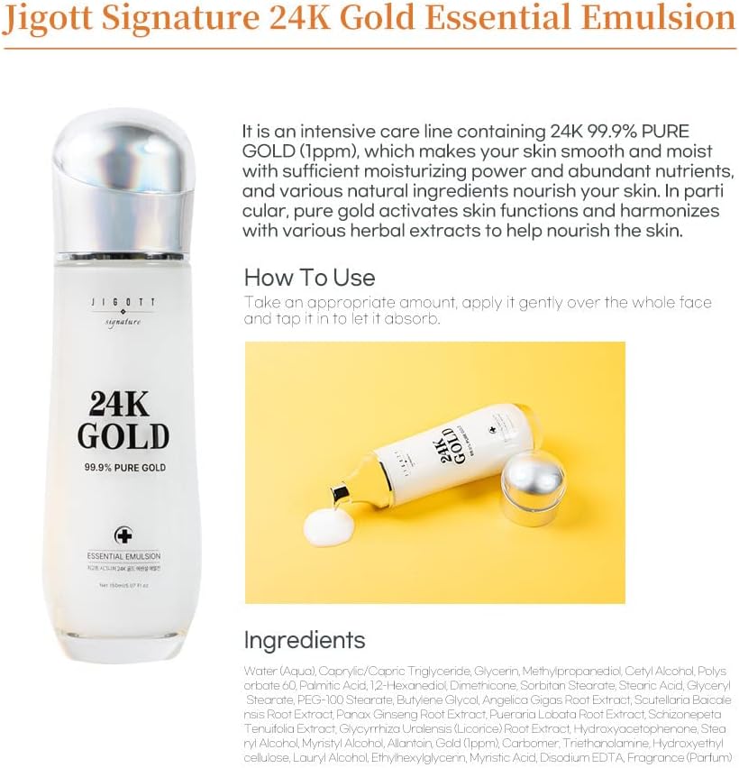 Signature 24K Gold Essential Skin Care 3 Set - Toner (150ml), Emulsion (150ml), Cream (50ml) - Korean Skincare for Healthy and Glowing Skin
