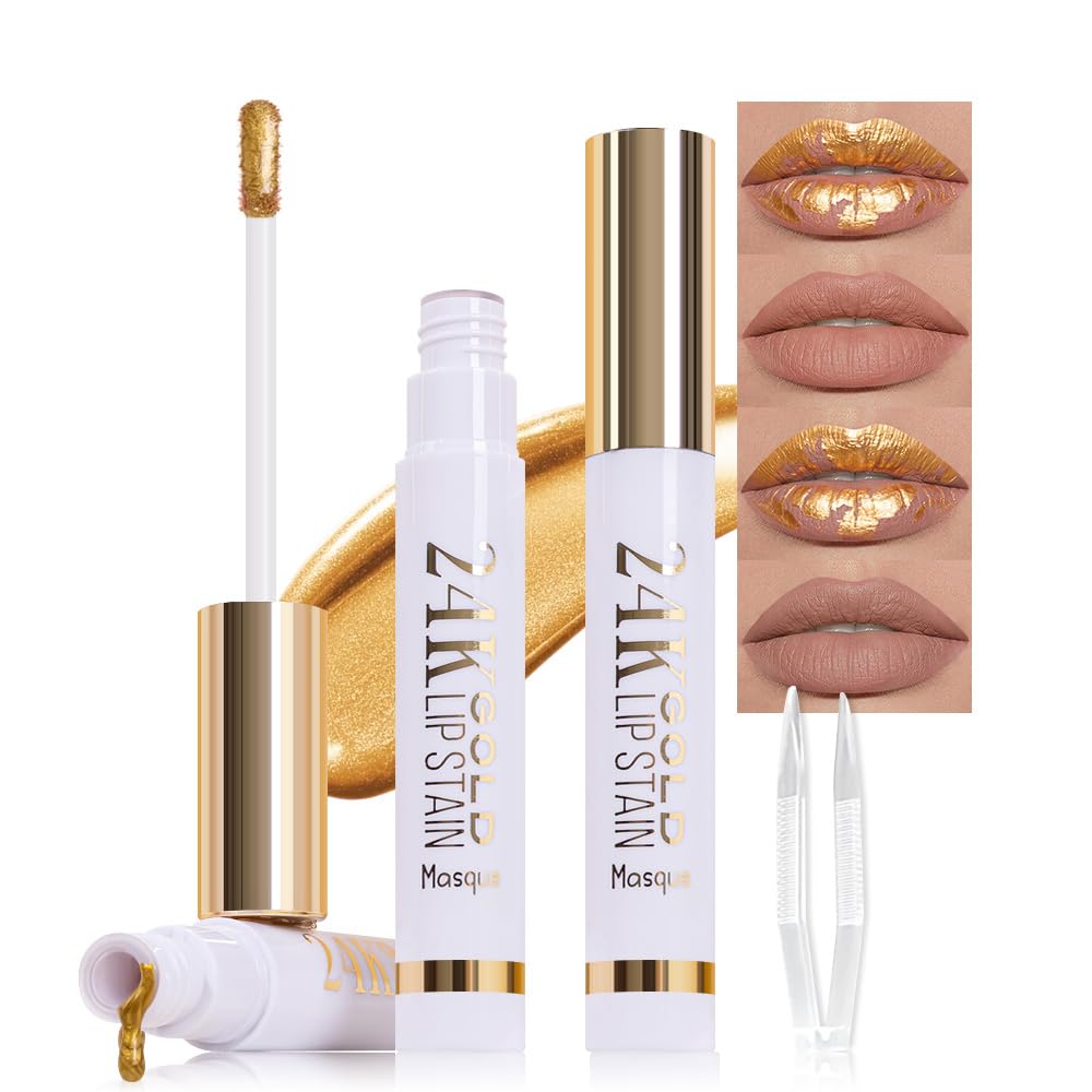 2Pcs 2025 New 24K Gold Liquid Lip Gloss Peel Off Lip Stain Tattoo with Tweezer, Lips Stain Peel Off Masque, Long Lasting Waterproof Lip Tint Stain, Transfer-proof for All Skin Types 01#+02#