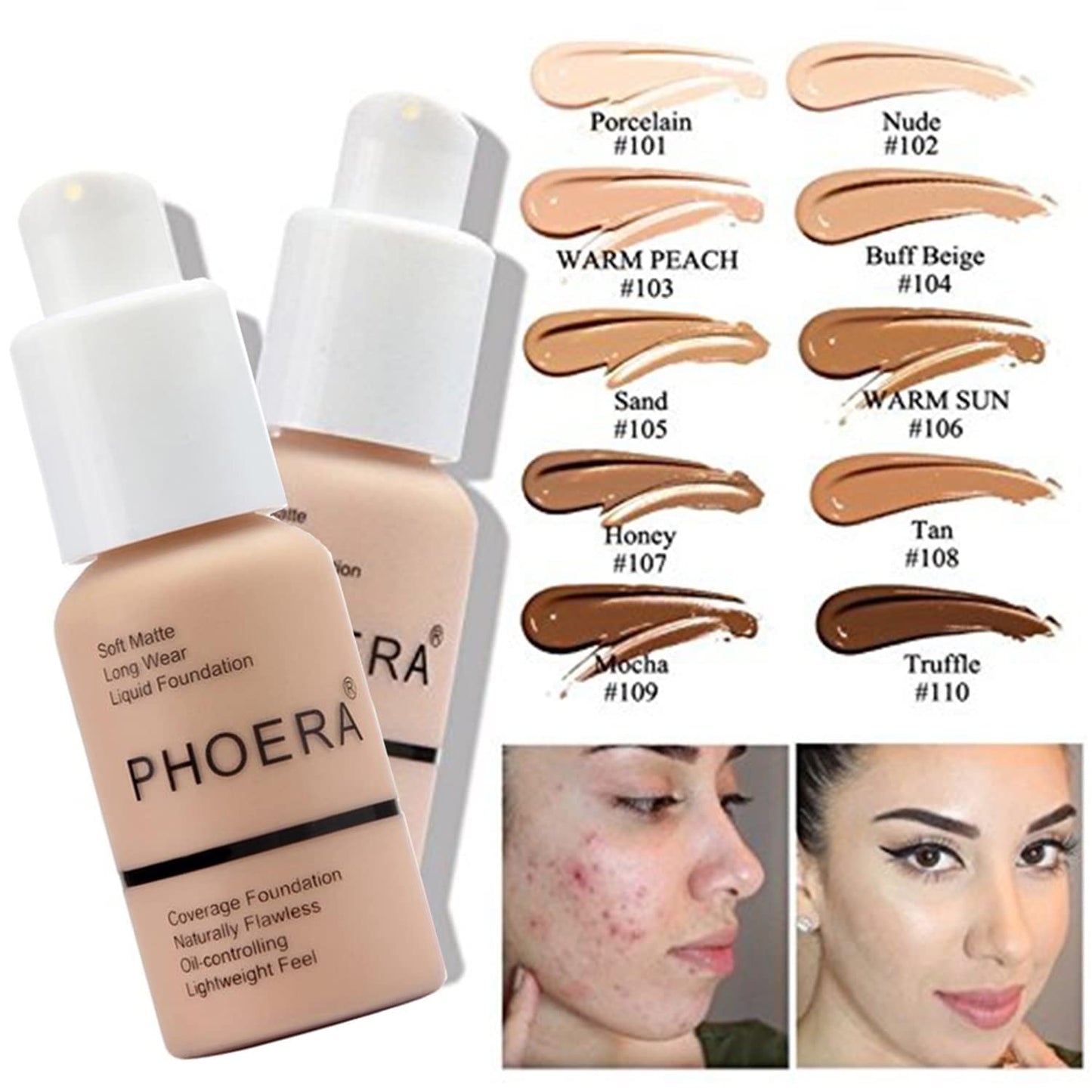 PHOERA Foundation Full Coverage Makeup, Mushroom Head Air Cushion CC Cream Natural Foundation Set,PHOERA Concealer, PHOERA Primer, PHOERA Powder, Foundation Brushes (103 Warm Peach+ 03 Warm Nude CC)