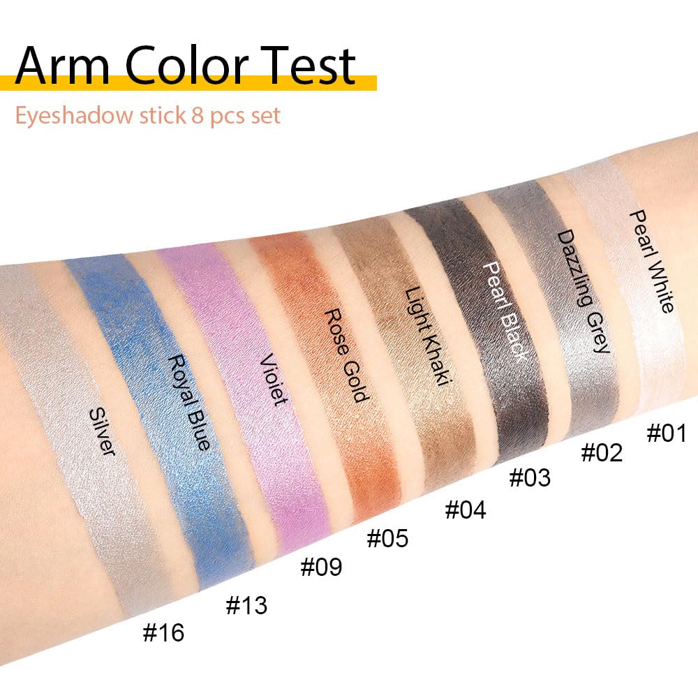 Kaely 8Pcs Cream Eyeshadow Stick Set, Pearl White Black Gray Khaki Royal Blue Vioiet Purple Silver, Shimmer Eyeliner Pencil Eye Shadow Sticks Palette Makeup for Older Women, sombras para ojos 01