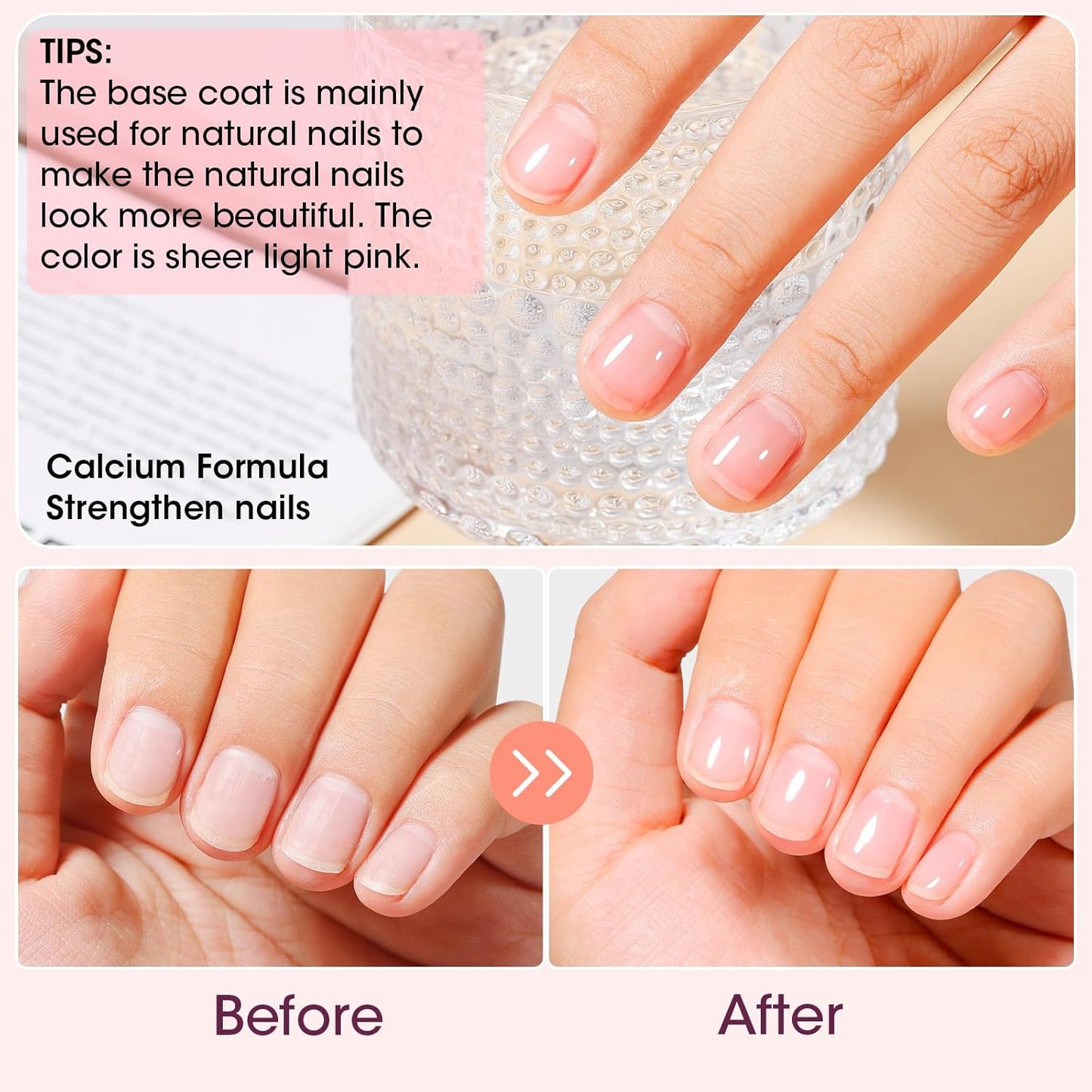 GELLEN Clear Nail Polish Base Coat Sheer Tinted Pink, Natural Color Regular Nail Polish, Calcium Formula Strengthens Nails, Enhances Natural Look, Quick Air Dry, Hema Free, Non-toxic, Anti-yellowing