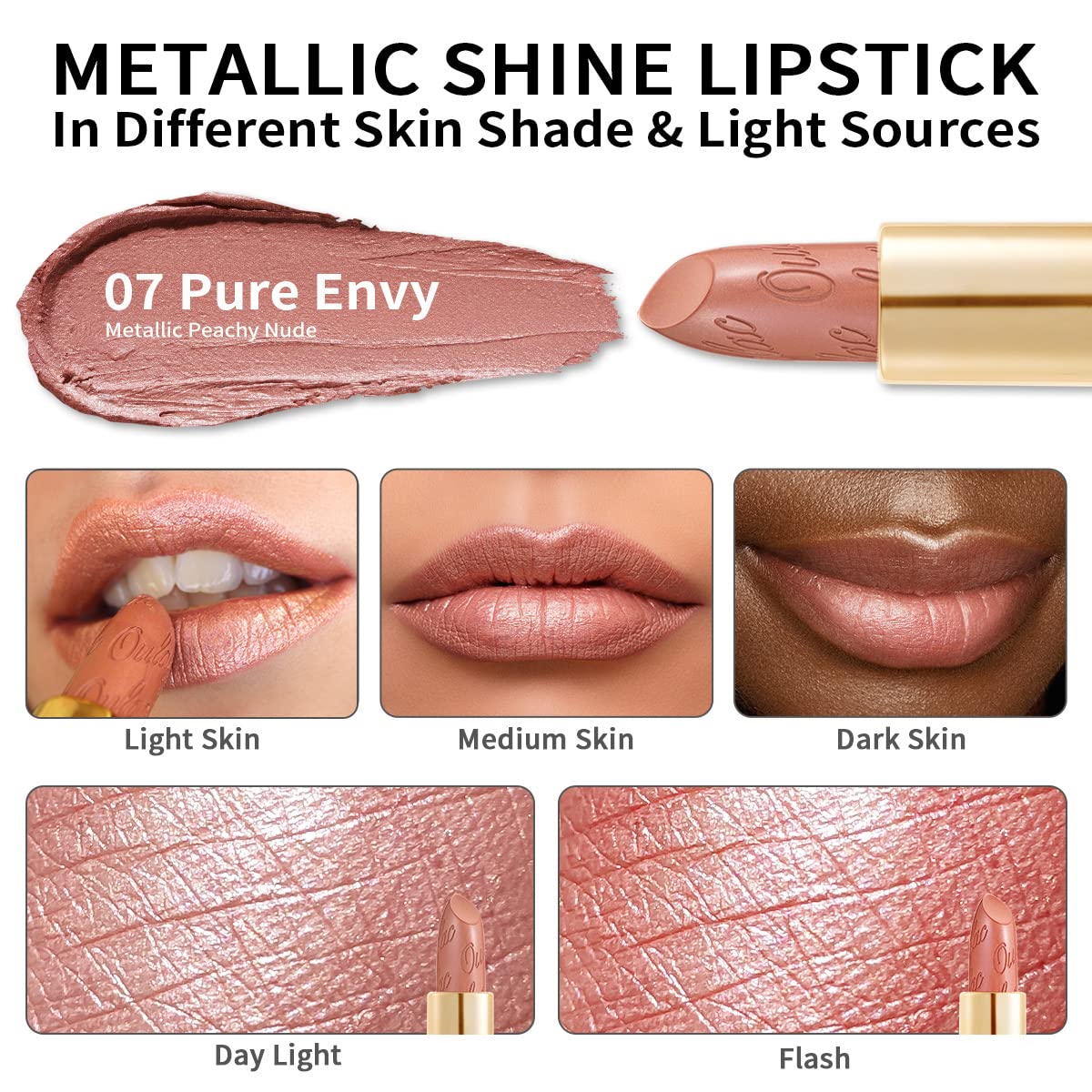 Oulac Nude Lipstick for Women with Metallic 3D Shine Lightweight Hydrating Formula, High Impact Lip Color, Vegan Beauty, Full Coverage Lip Makeup, Christmas Gifts for Women, Pure Envy(07)