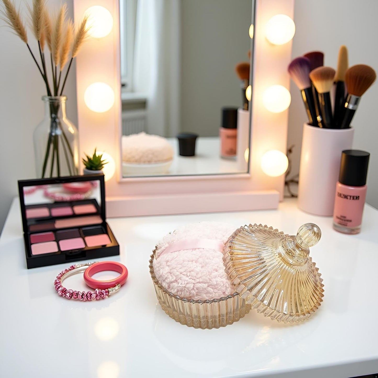 Extra Large Body Powder Puff and Container - Vintage Glass Dusting Powder Container with Soft Puff for Women & Girls (5.9x5.9x5.9 IN)-GRB010-Amber