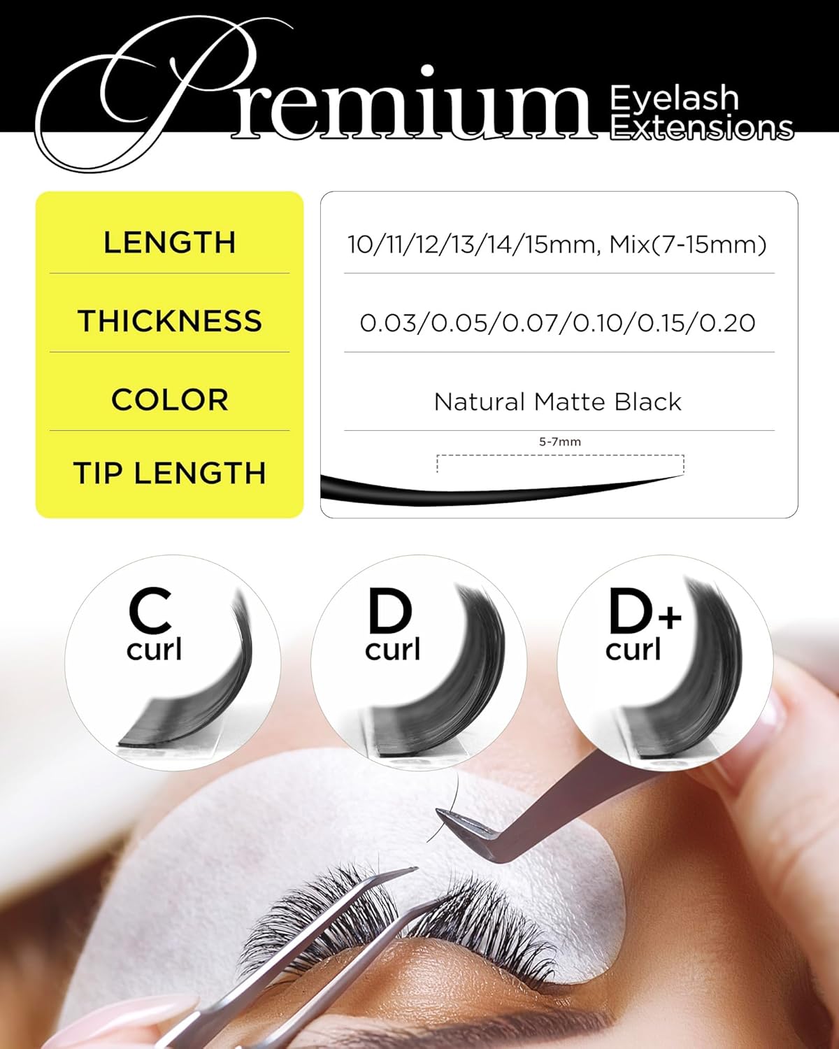 BEYELIAN Classic Volume Lash Extensions, C D D+ Curl 7-15mm 0.03-0.20mm Thickness Matte Black Semi Permanent Volume Eyelash Extensions Professional Salon Use (0.15 D 15mm)