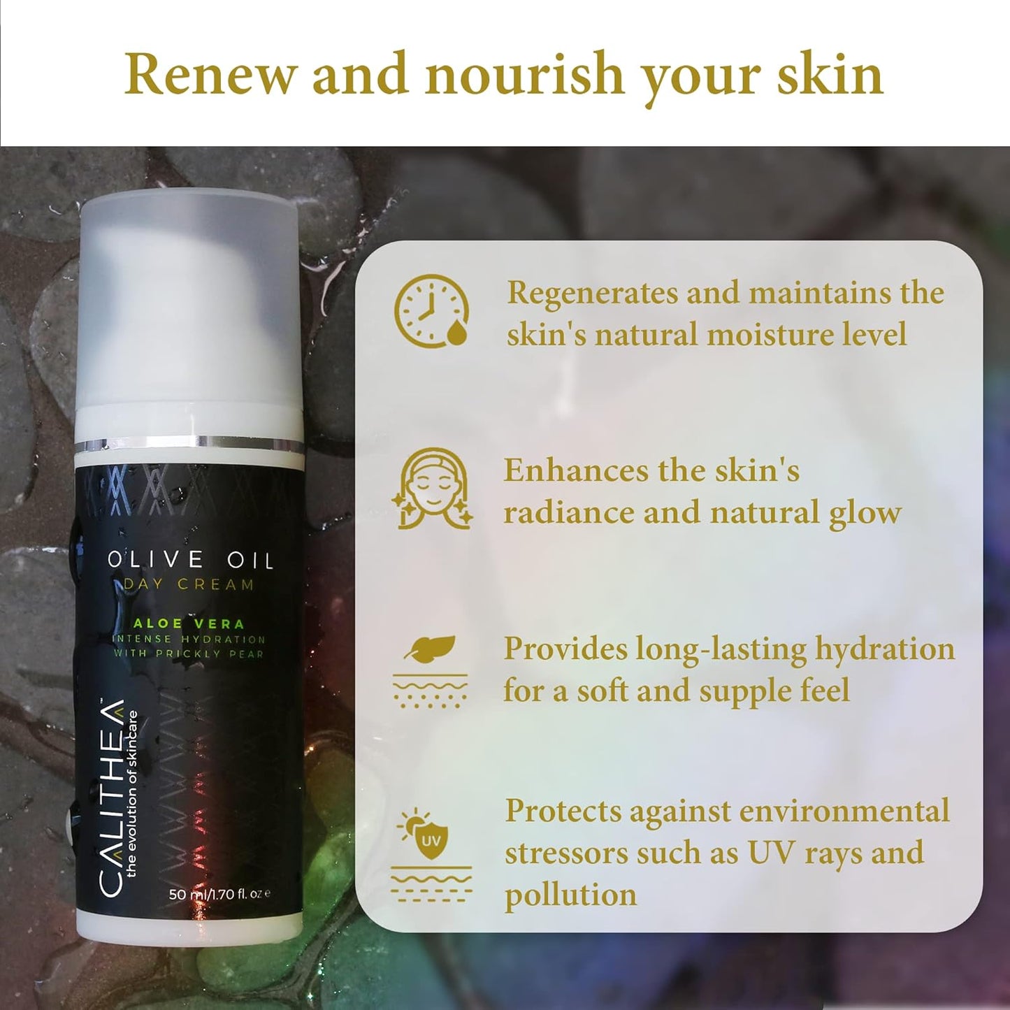 Calithea Day Cream Facial Moisturizer for Healthy, Glowing, Balanced Skin with Aloe Vera, Prickly Pear, Olive Oil