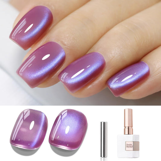Double Rhythm 15ML Ice Glass Cat Eye Gel Polish with Magnet Holographic Glitter Shimmer Translucent Sheer Color Salon Soak Off Magnetic Nail at Home (Rose Violet-MC1131)
