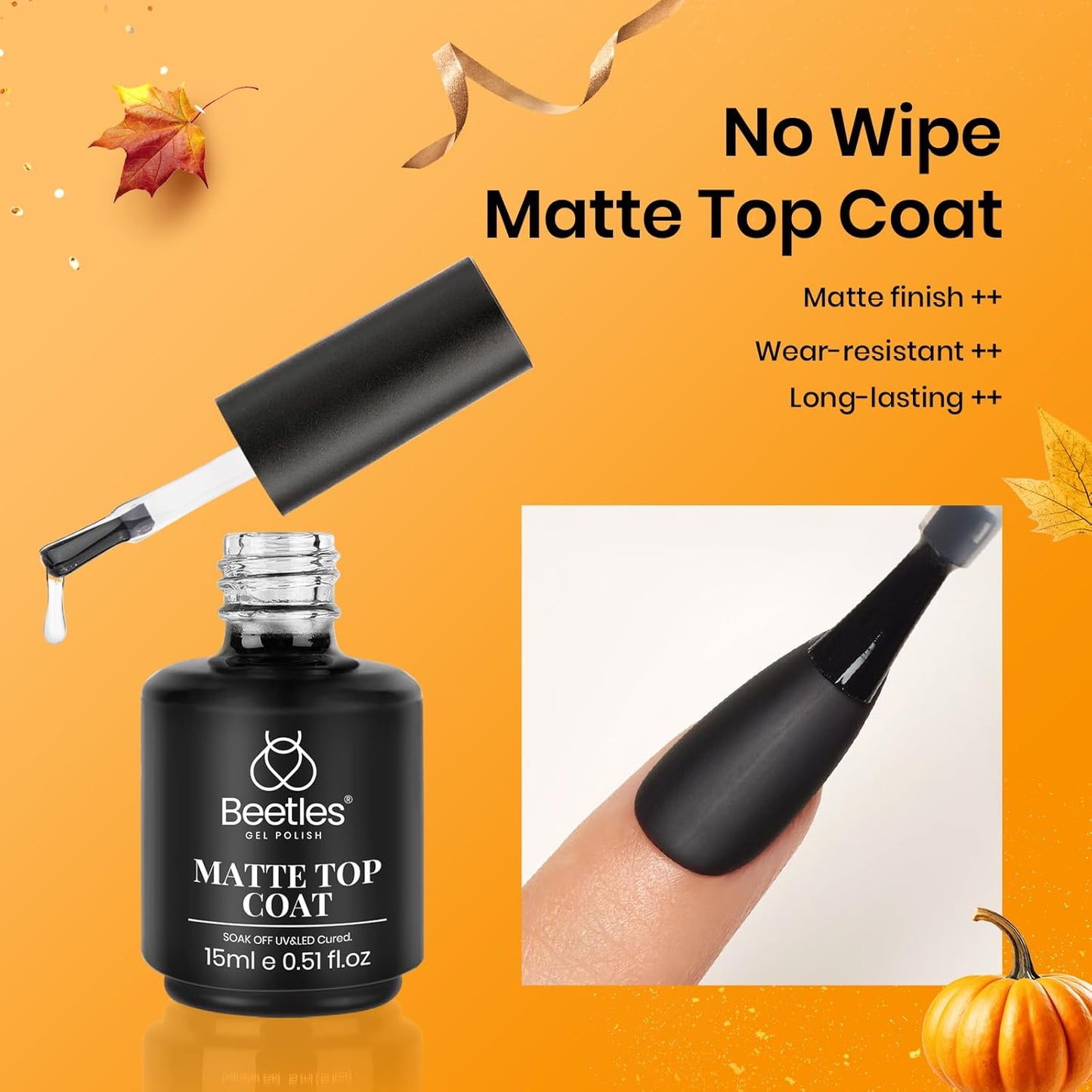 Beetles Matte Gel Top Coat for Gel Nail Polish,15ML Chrome Proof Matte Top Coat No Wipe Powder-Resist Matte Finish for Detail Chrome Powder Painting and Long Lasting Gift Set for Women