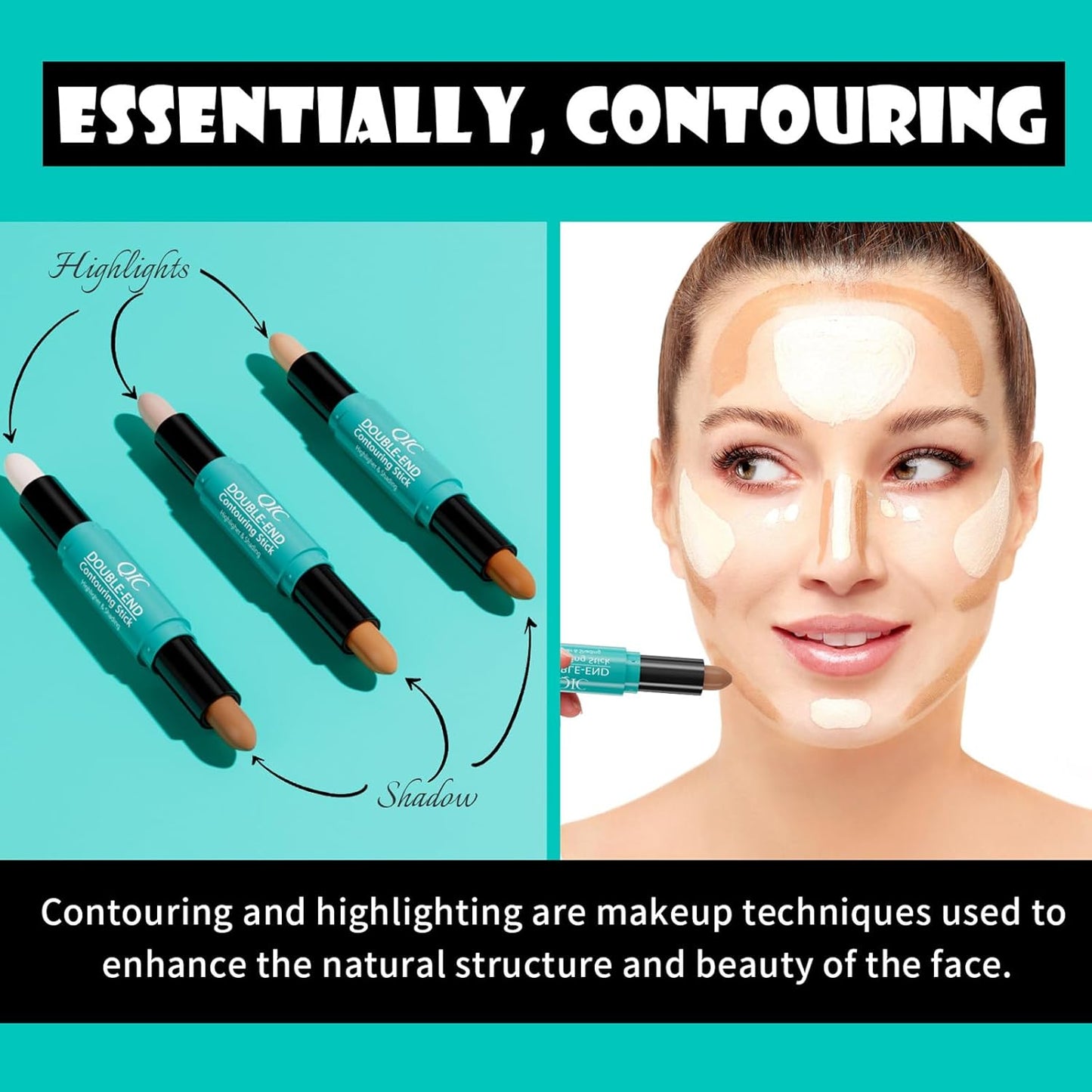 MEICOLY 2-in-1 Highlighter Contour Stick,Cool Toned Contour Stick,Makeup Highlighter Stick,Long Lasting Waterproof Bronzer Contour Pencil,Travel Cream Face Shaping Stick,01