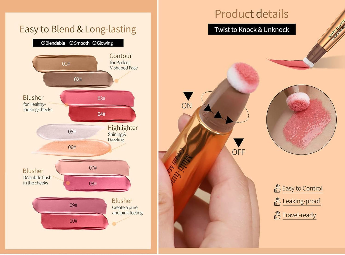 Go Ho Liquid Blush Beauty Wand,Blendable Super Silky Cream Blush Stick,Face Moisturizing Contour Blush Stick with Fine Cushion Applicator,Cruelty-free,003# Medium Pink