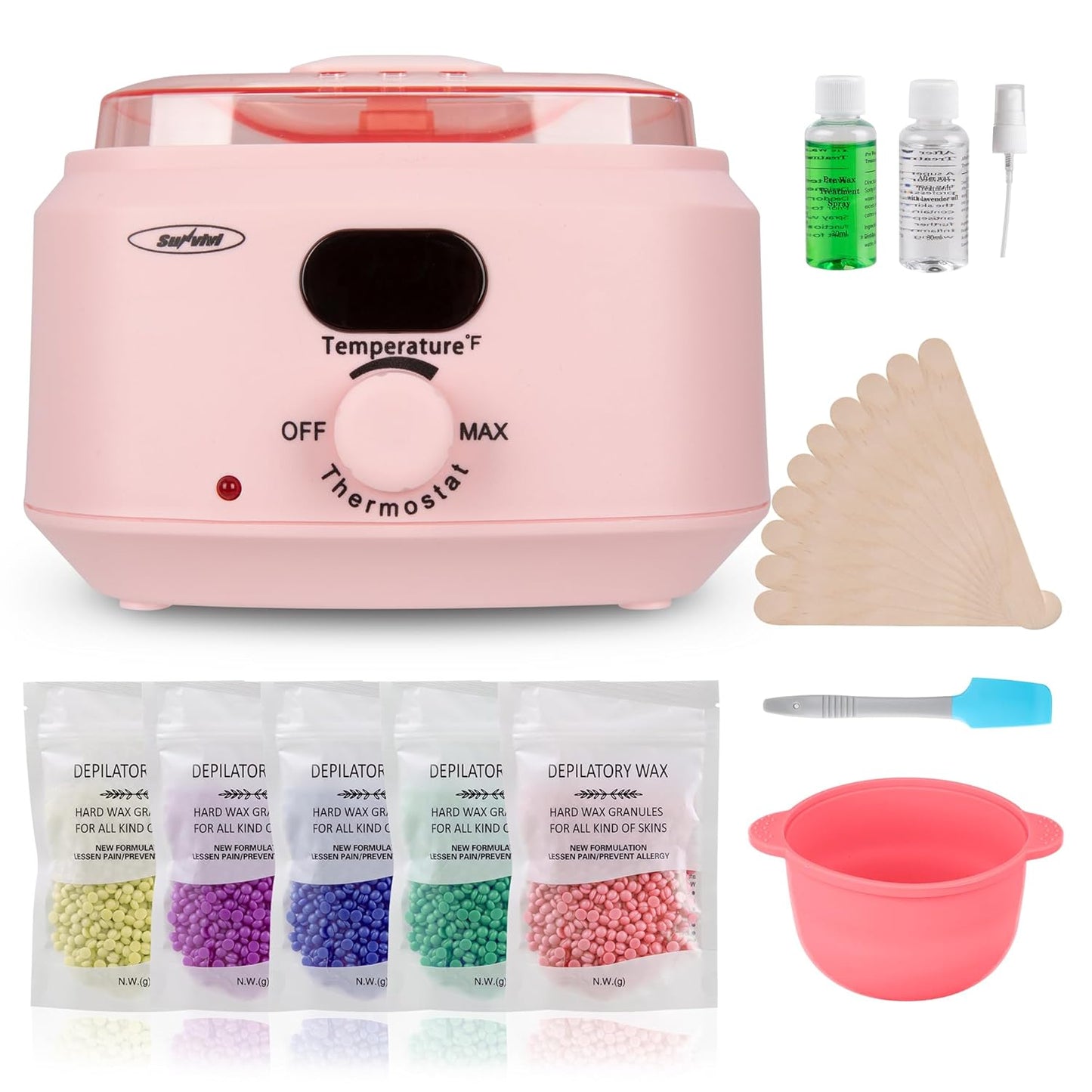 Sunvivi Wax Kit Digital Hair Removal Waxing Kit for Women & Men, Hot Wax Warmer Pot with 5 Bag Hard Wax Beads, Wax Melt Warmer Kit for Full Body, Legs, Face, Bikini,Sensitive skin, Pink