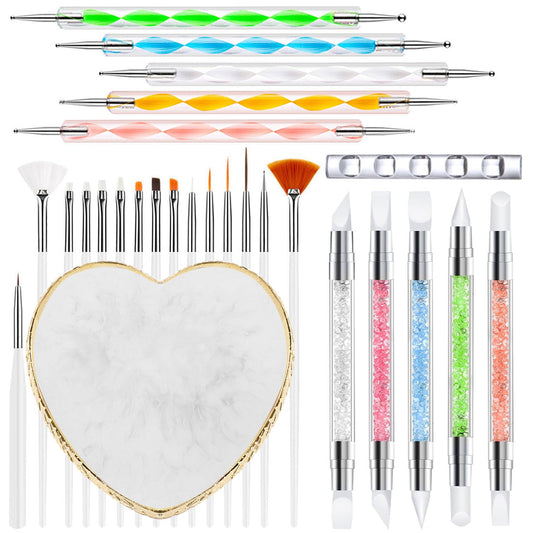 Nail Art Tools 27Pcs Set,Nail Art Brush,Resin Nail Art Palette,5 Pcs Nail Art Sculpture Pen,2-way Acrylic Silicone Engraving Pen Dotting Pen Tools Nail Art Kit for Nail Art DIY