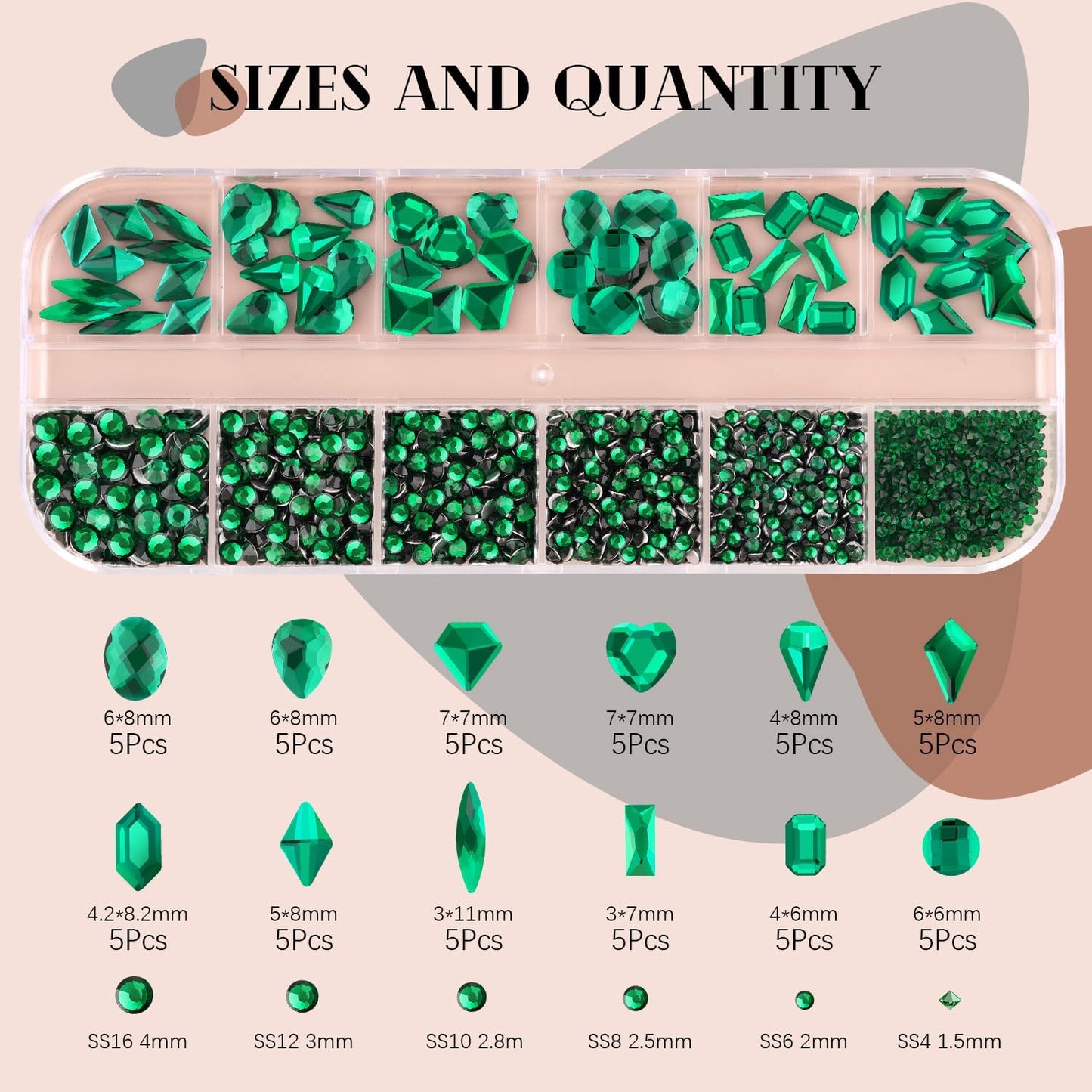 2060Pcs Emerald Green Glass Nail Rhinestones 60Pcs Multi Shapes Flatback Nail Gems + 2000Pcs 1.5-4mm Round Crystal with Rhinestones Glue Gel, Manicure Nail Charms Diamond Gemstone for Nail Art