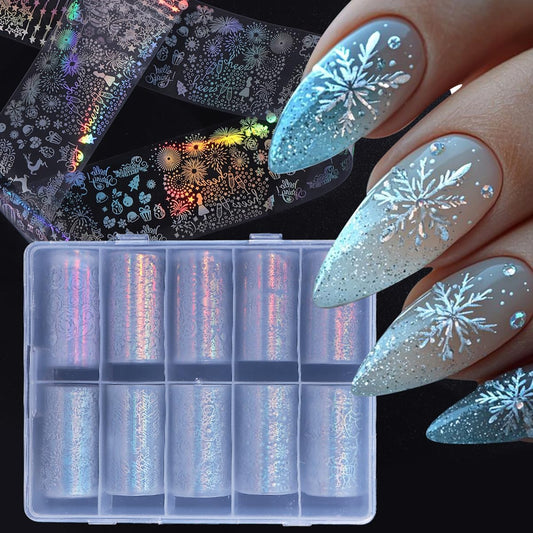 Christmas Nail Art Foils Transfer Stickers 10Rolls Laser Snowflake Nail Foils Adhesive Decals Nail Art Supplies Crystal Ball Xmas Tree Snowman Fireworks Deer Starry Sky Paper for Women Nail Decoration