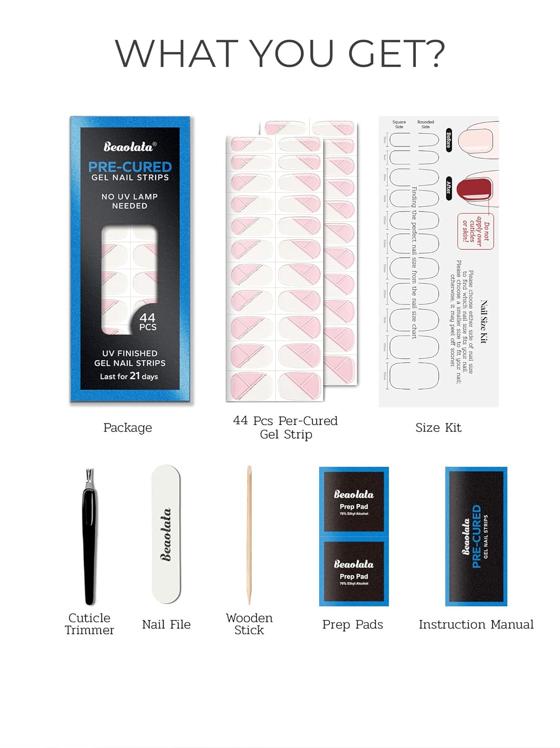 Pre Cured Gel Nail Strips - 44PCS Salon Quality Gel Nail Stickers - Long Lasting Polish Wraps for Women no UV Light Needed Easy Apply& Remove (Bridal White)