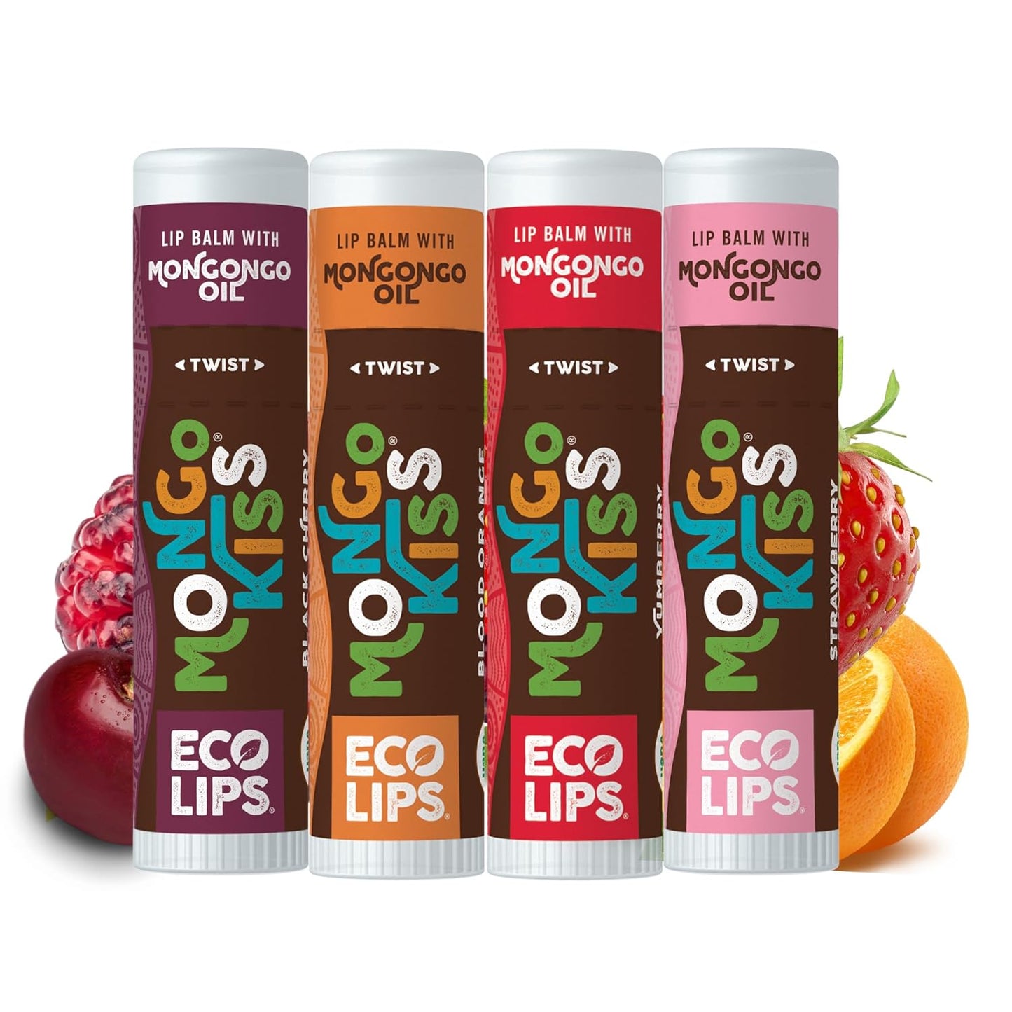 Eco Lips Mongo Kiss Organic Lip Balm 4 Pack Blood Orange, Yumberry, Strawberry Lavender, Black Cherry - 100 Percent USDA Organic - Soothe, Moisturize Dry