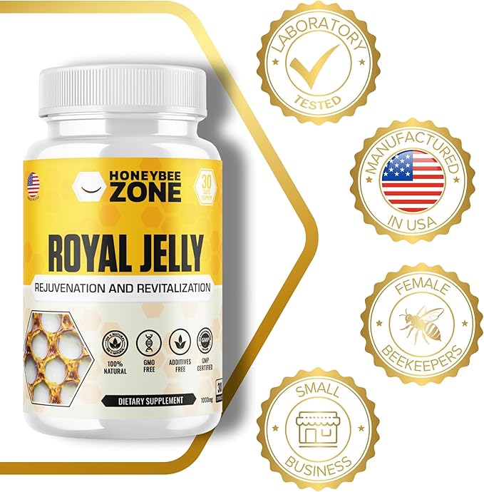 Royal Jelly 500 mg Honey Bee Royal Jelly, 60 Vegan Bee Royal Jelly Capsules, Natural Superfood Anti-Aging Brain Booster Supplement
