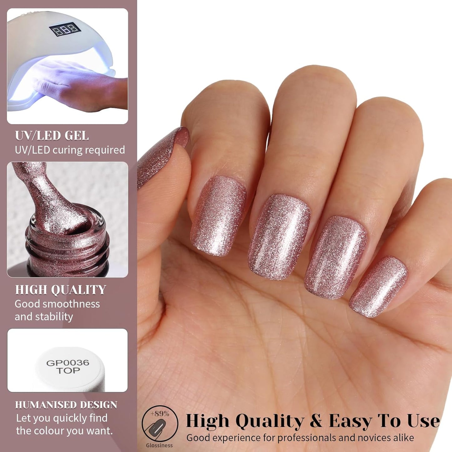 Rose Gold Super Glitter Gel Nail Polish,15ml UV/LED Soak Off Sparkly Rose Gold Gel Polish for Manicure Salon or DIY Nail Art at Home,Holiday Party Color - GP0090