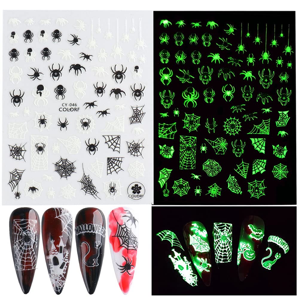 Luminous Nail Stickers - 3D Halloween Nail Art Designs - Skull, Ghost, Pumpkin, Spider, Bat Decals - Self-Adhesive, 6 Sheets