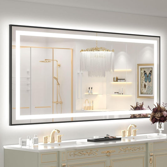 OKPAL 68x36 Black LED Bathroom Mirror with Lights, Frontlit & Backlit LED Mirror for Bathroom, Lighted Bathroom Vanity Mirror, Anti-Fog, Dimmable 3 Colors, Shatterproof, Horizontal/Vertical