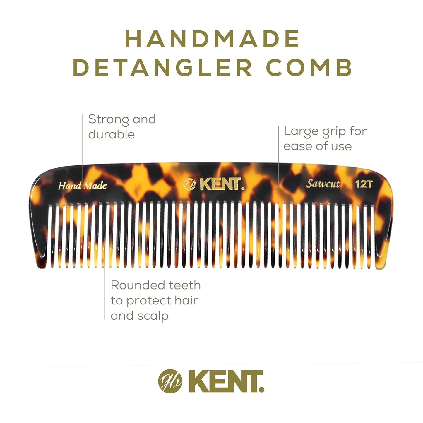 Kent 12T TY Wide Tooth Detangling Pocket Comb - Handmade for Thick, Curly, and Wavy Hair, Large Tooth Grooming Comb for Hair, Beard, and Mustache - Saw-Cut