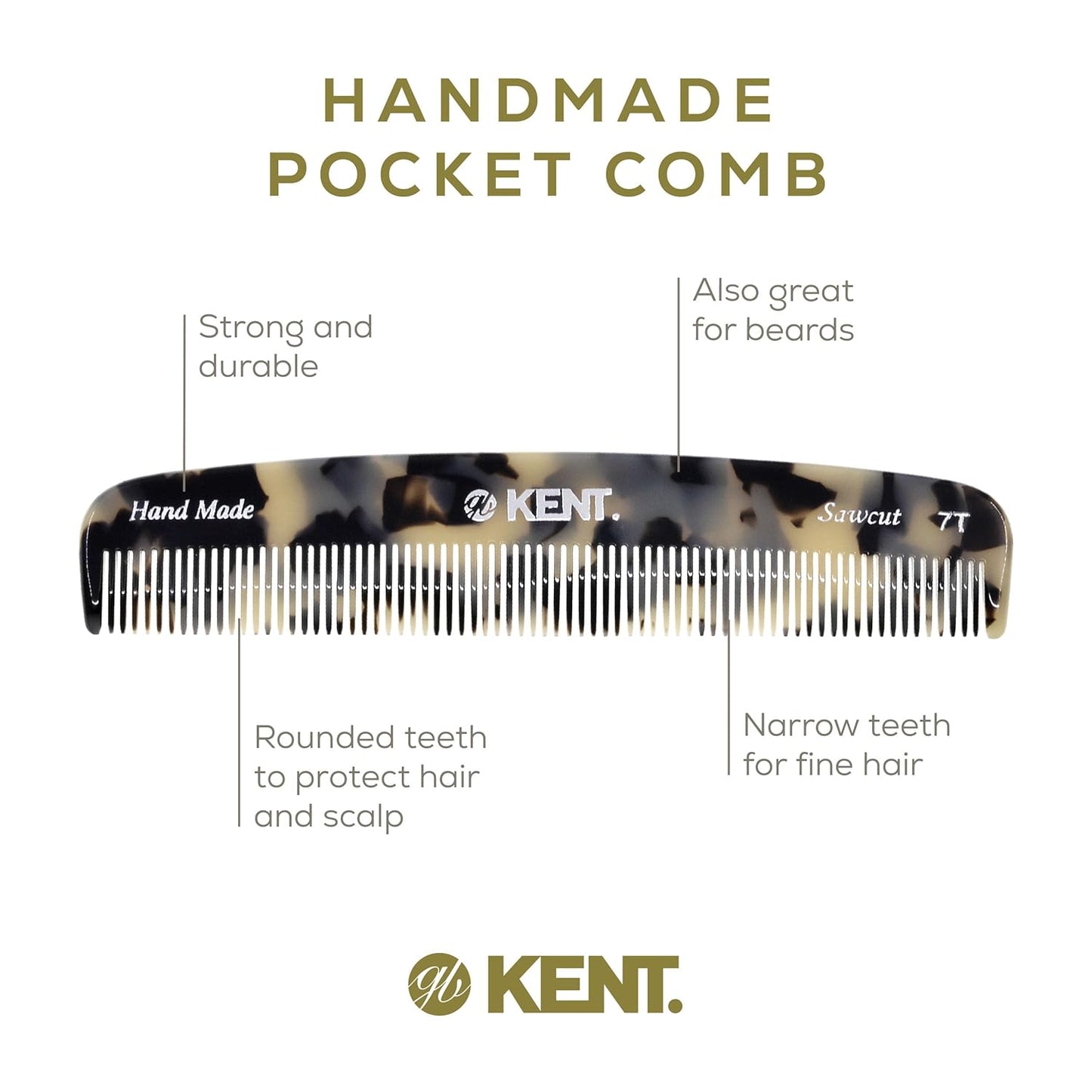 Kent 7T TW All Fine Tooth Pocket Comb for Men - Handmade Hair Comb for Men Grooming and Styling - Travel Comb for Hair Care, Mustache and Beard Care, Use Dry or with Balms, Saw Cut for Wet or Dry.