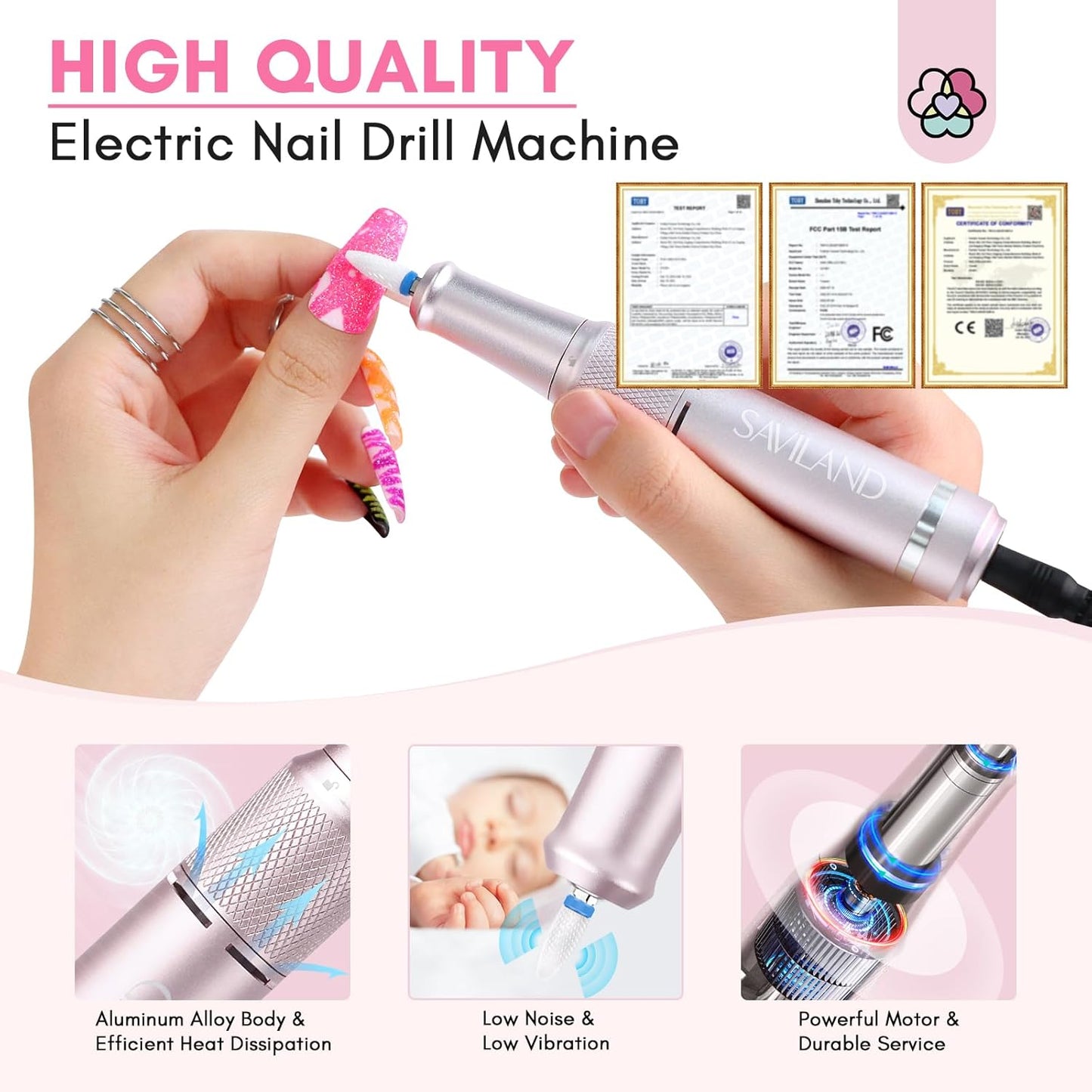 SAVILAND Professional Nail Drill: 40000 RPM PRO Electric Nail Drill Machine Nail File With Colorful Nail Bits for Manicure Pedicure Acrylic Removal Polishing Tools Kit for Salon Home Use