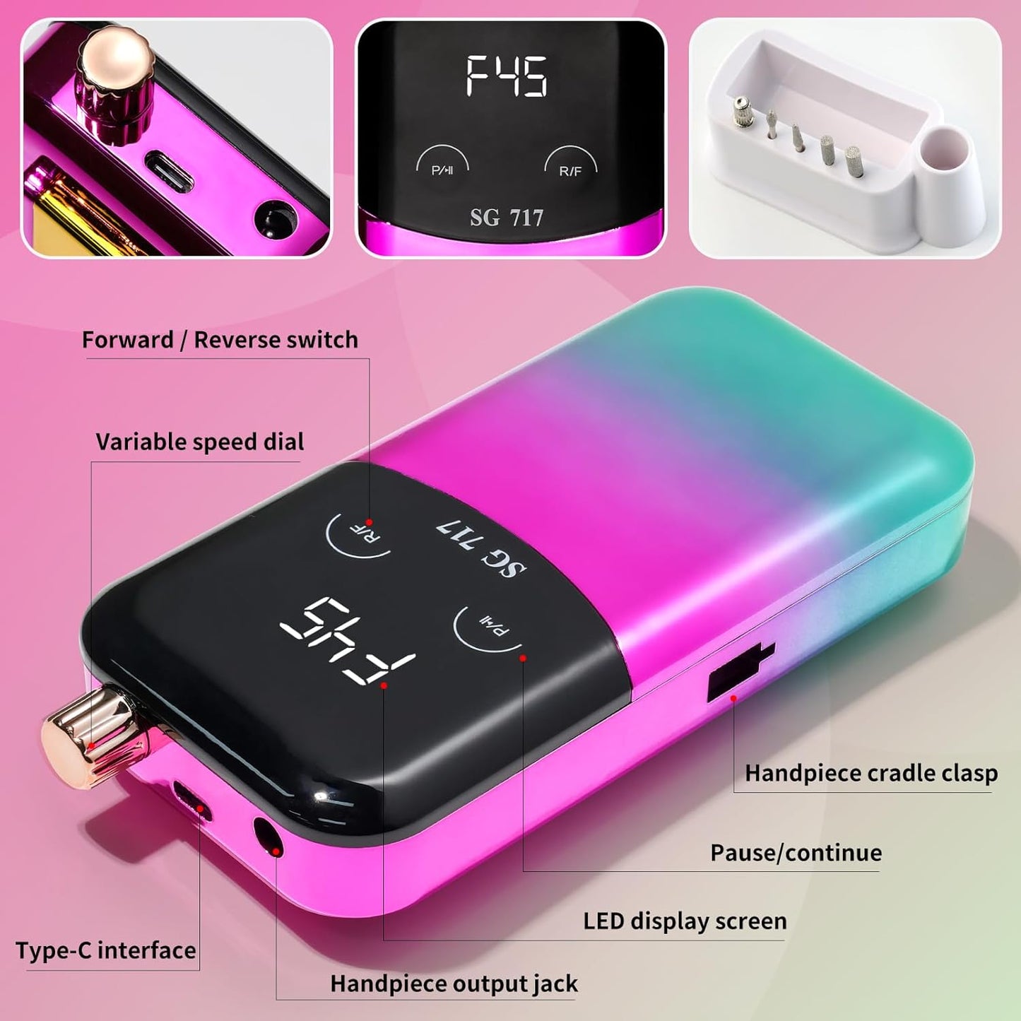 Professional Electric Nail Drill Machine,45000RPM Portable Rechargeable Efile Nail Drill Cordless,Electric Nail File Kit for Women (Gradient Green)