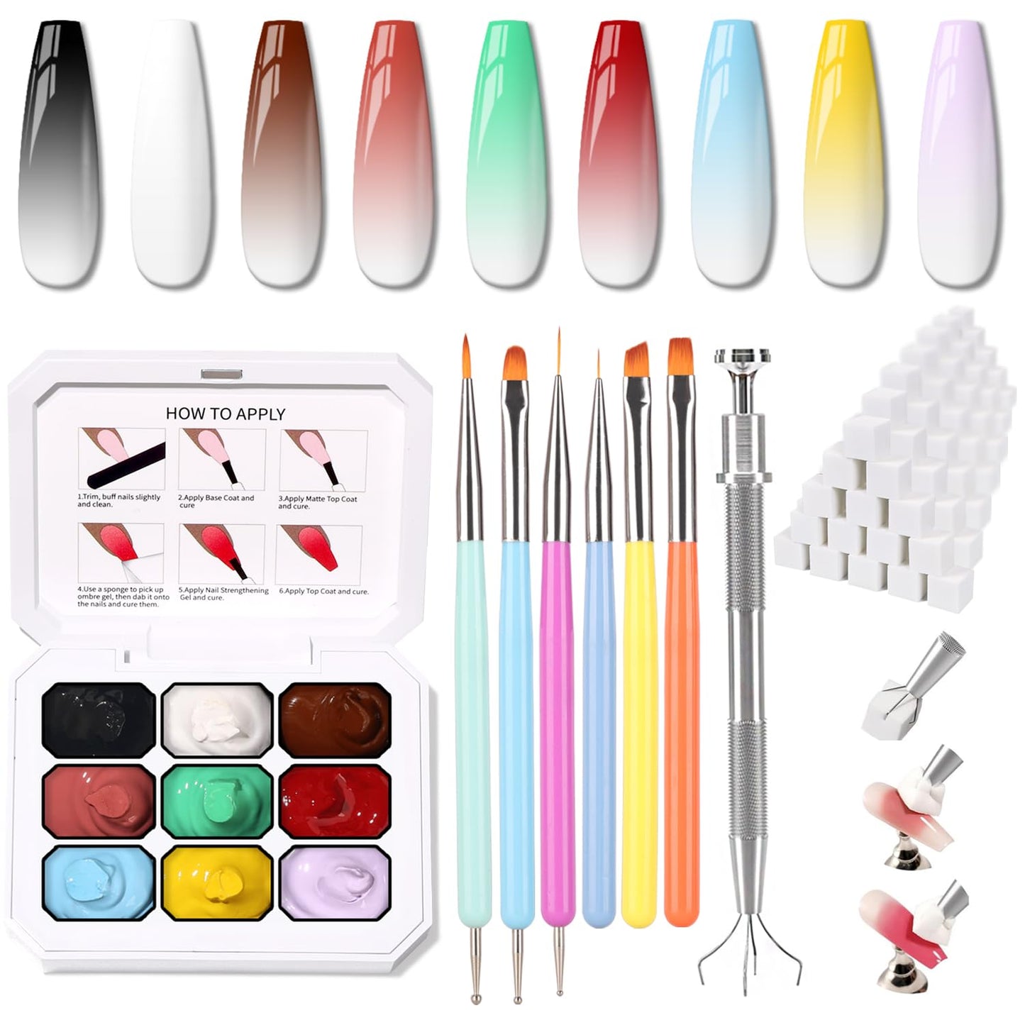 Sponge Pat Paint Nail Gel & Tools Kit, 9 Colors Ombre Nails Gradient Gel Nail Blush Blooming Aura Nails Drawing Stripper Floral Painting Nail Art, No Wipe, UV/LED Curing (9 Colors Set C)