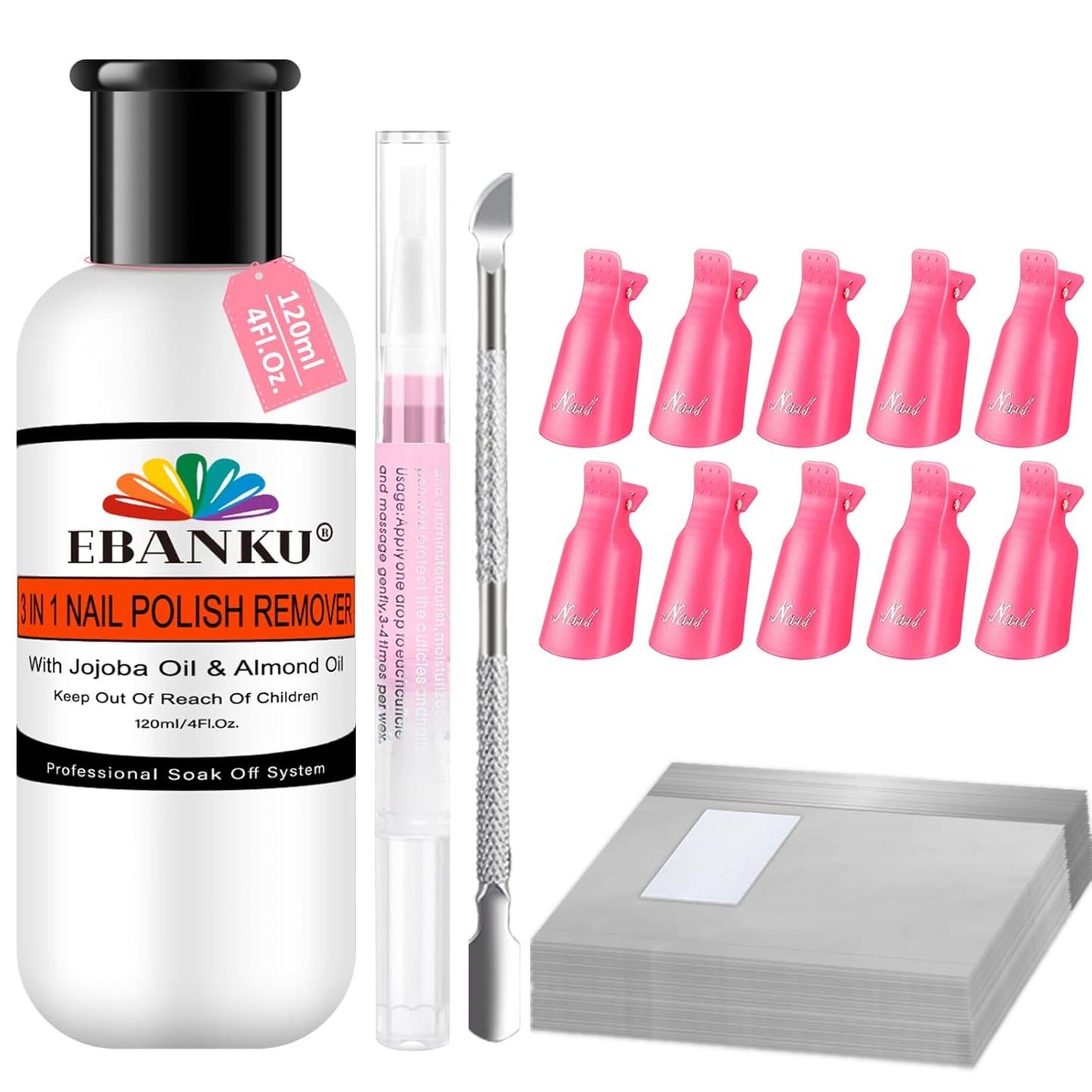 EBANKU Nail Polish Remover Kit, 120ML Gel Remover with Cuticle Oil 10 pcs Nail Clips, 50pcs Nail Foil and Tools Quick Removal for Nails Polish Acrylic Dip Powder