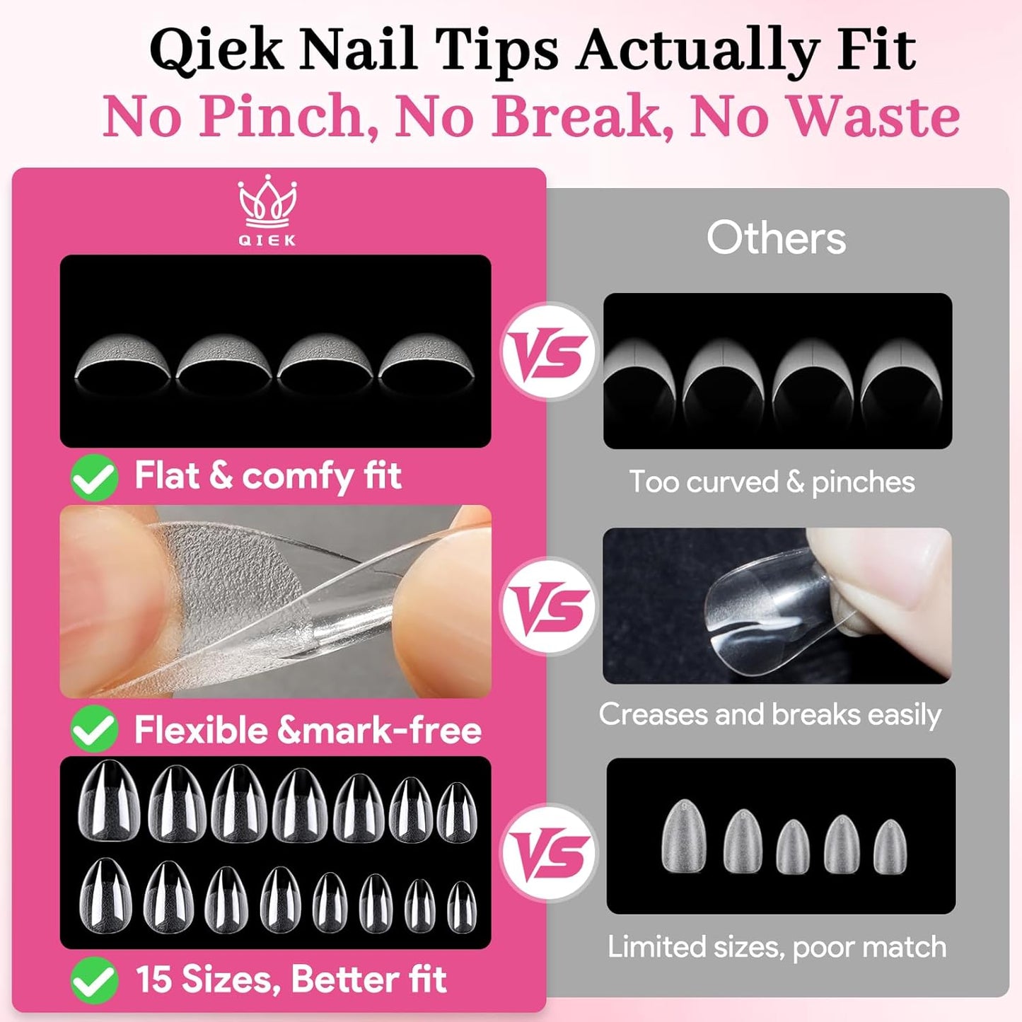 Extra Short Almond False Nail Tips, 15 Sizes 510 PCS Clear Soft Press On Fake Nail Pre-shaped Half Matte Full Cover Gel Nail Tips Extensions Thick Long Lasting for DIY Beginners & Salon Manicure