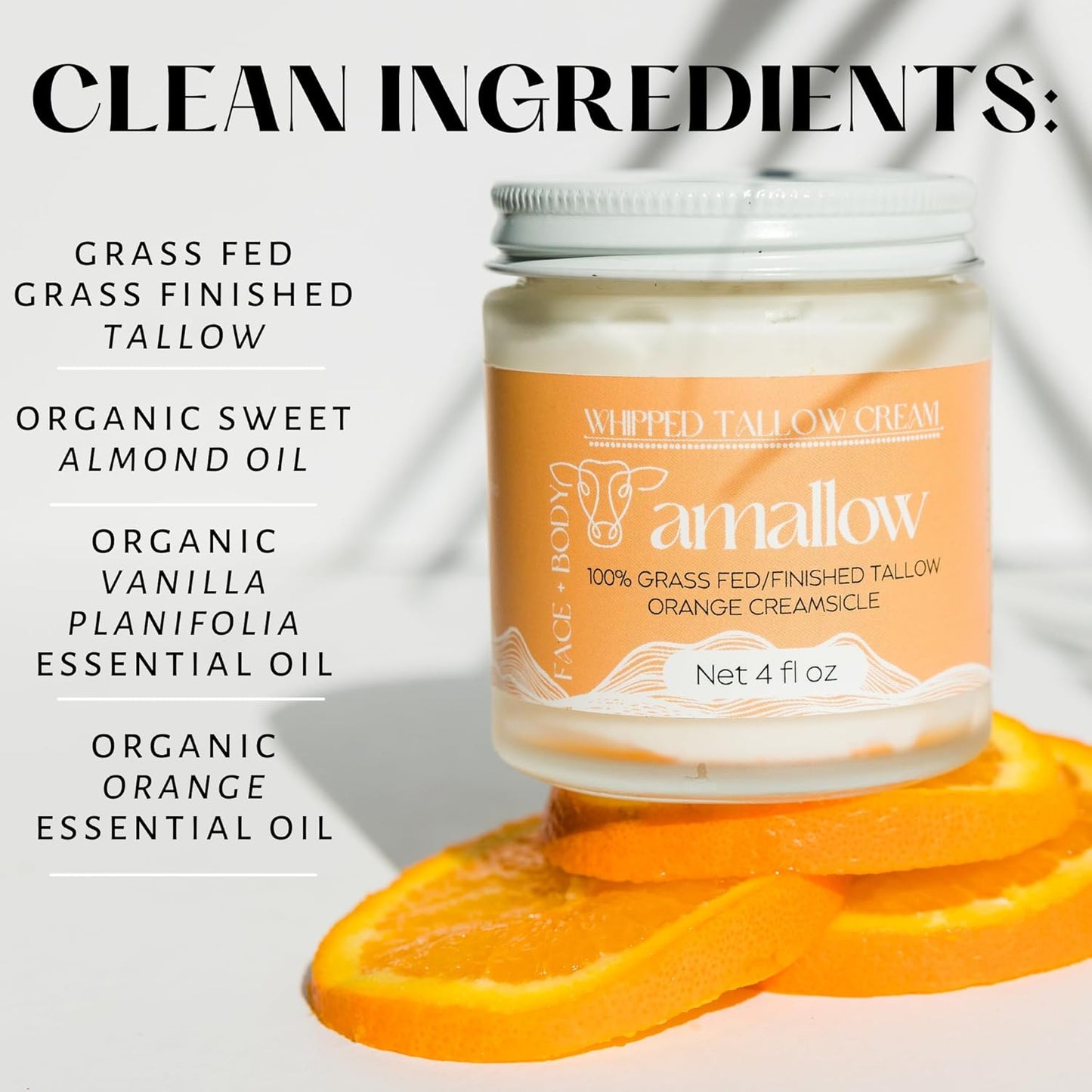 Amallow 100% Grass Fed Beef Tallow for Skin Care - Face + Body - Whipped Moisturizer - Natural Lotion, 4 FL. oz. (Orange Creamsicle)